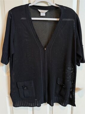 Vintage Misook. Black Mesh Zip-Front Women's Sweater Cardigan - XL EUC